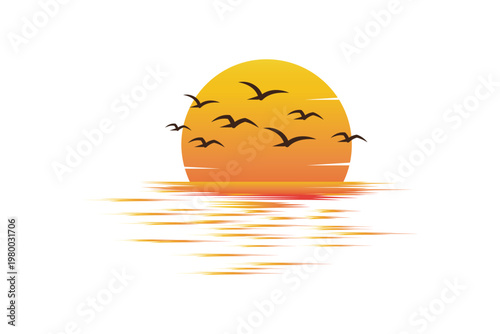 Tropical sunset a minimalist illustration with birds flying vector.