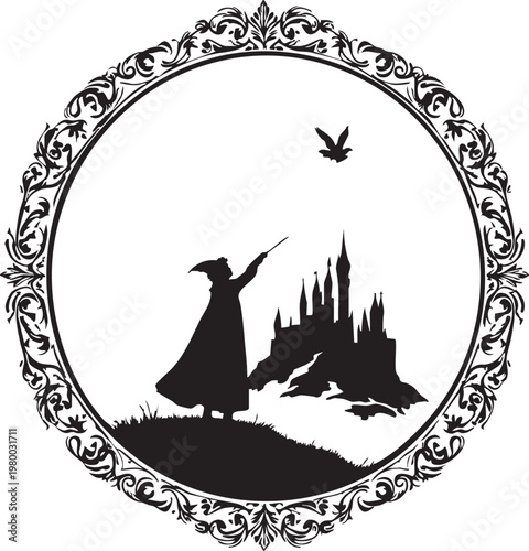 a wizard releasing a magic bird near a castle, fantasy scene in a decorative frame