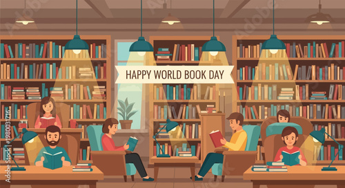 Happy holiday bookworm a cozy library scene with readers