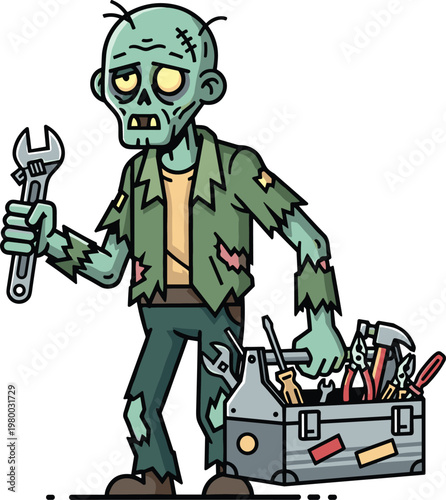 Cartoon zombie mechanic holding wrench and toolbox filled with tools in humorous spooky horror vector illustration