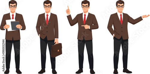 Businessman Character Illustration Set Featuring Different Poses and Actions for Corporate, Professional, and Workplace Concepts