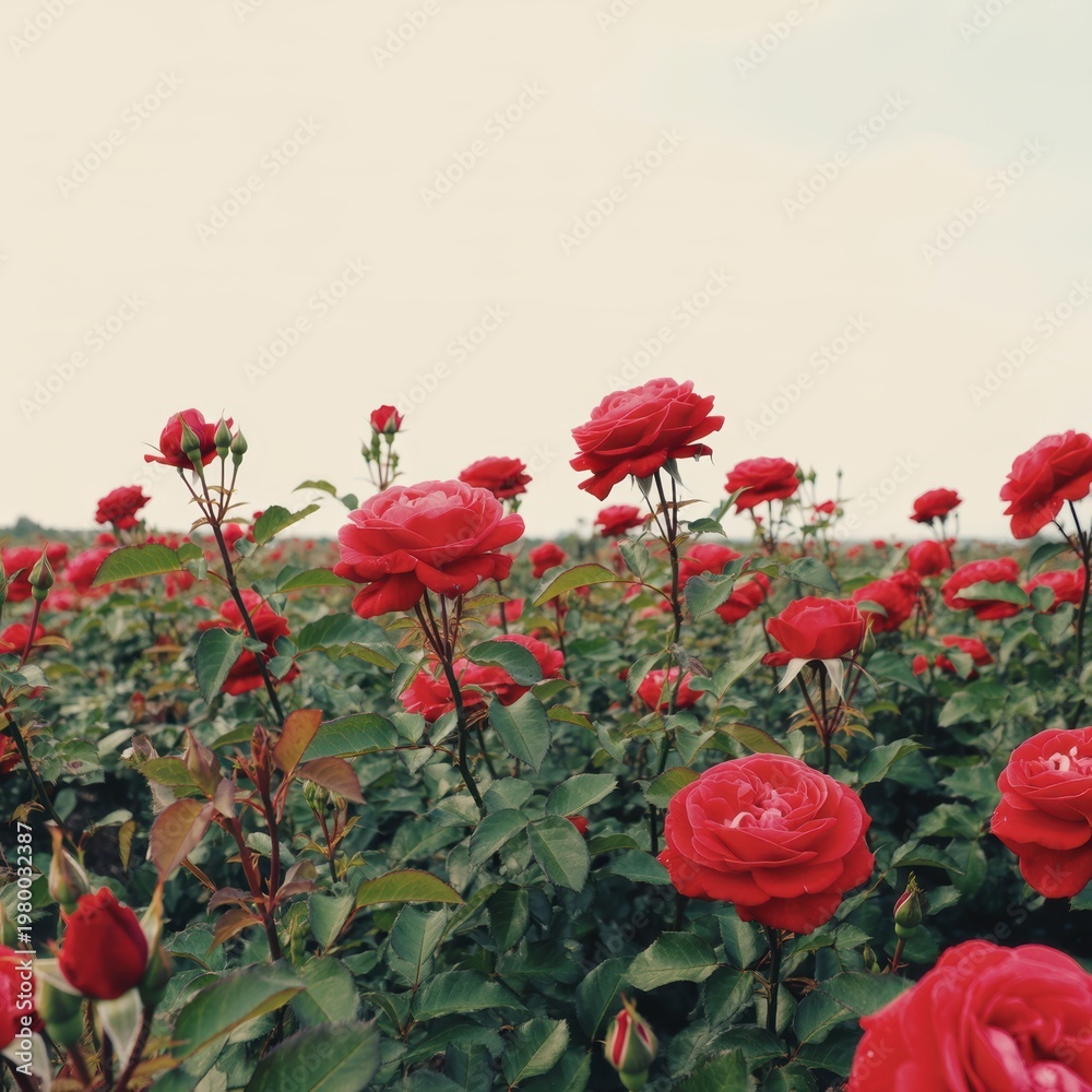 Obraz premium A lush field of vibrant red roses, green leaves, and buds under a pale sky flowers