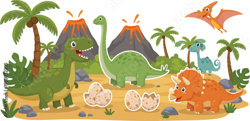 Funny cartoon vector illustration of a wild baby dinosaur with a chicken and eggs, a yellow Easter bunny, and a green snake in a blue nature zoo