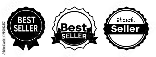 Best seller badge icon set with solid black color and minimalist design featuring award, top product, quality with star and ribbon elements