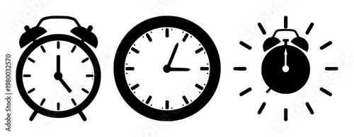 Delivery clock icon set with simple solid black design featuring same-day delivery, fast service, express shipping with deadline and urgency