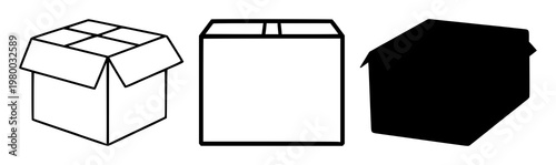 Delivery box parcel icon set with solid black shapes featuring shipment, cardboard, package with goods and products