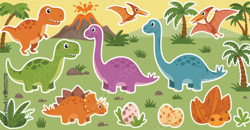 Funny cartoon vector illustration of a wild baby dinosaur with a chicken and eggs, a yellow Easter bunny, and a green snake in a blue nature zoo