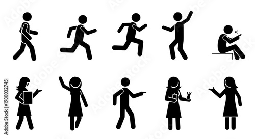 People stick figure set with black silhouettes running, dancing, and interacting featuring human icons, graphic resources, illustrations with clip