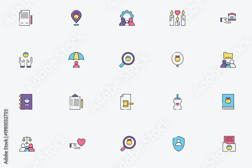 Child custody family law and legal protection flat line icon set