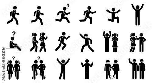Stick figures set with various poses and emotions on white background featuring people icons, human silhouettes, running with jumping and questioning