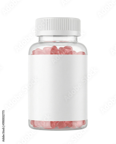 Canvastavla Clear vitamin bottle with pink gummy supplements isolated