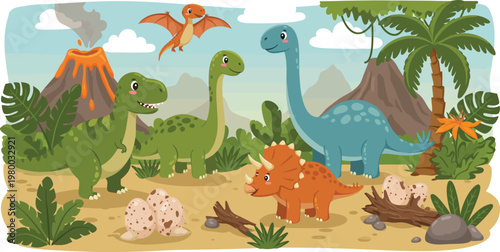 Funny cartoon vector illustration of a wild baby dinosaur with a chicken and eggs, a yellow Easter bunny, and a green snake in a blue nature zoo