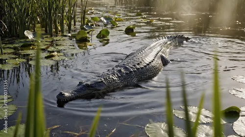 An Alligator Navigates Through A Sunlit Swamp Among Lily Pads And Reeds