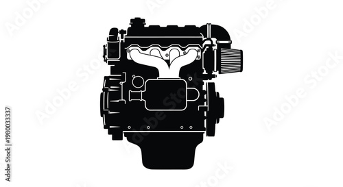 Detailed engine illustration in stark contrast a classic black silhouette