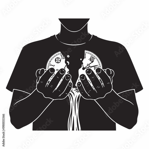 A silhouette of a person's hands cupping a chest cavity, revealing a broken clockwork mechanism and gears instead of a heart, symbolizing broken time, lost love, or a mechanical existence.