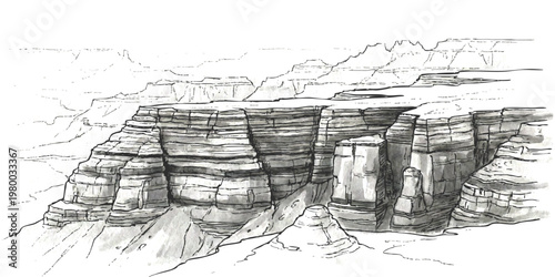 Hand drawn ink sketch of a grand canyon landscape cliff rock formation isolated vector illustration