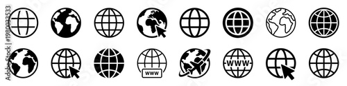 Earth globe icon set. World, planet, website, map, world wide, web symbol on white background - stock vector.