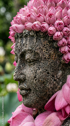 Stone buddha statue head decorated with pink lotus flowers for zen peace and spiritual nature concept