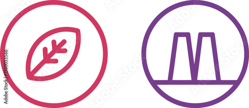 Circular icons showcasing ecological sustainability contrast with heavy industrial power plant energy production and emission symbols