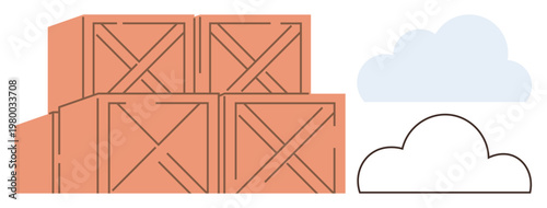Shipping, storage, logistics, warehousing, organization, e-commerce solutions. Illustration of stacked wooden boxes and clouds in a minimalist style. Shipping and storage concept
