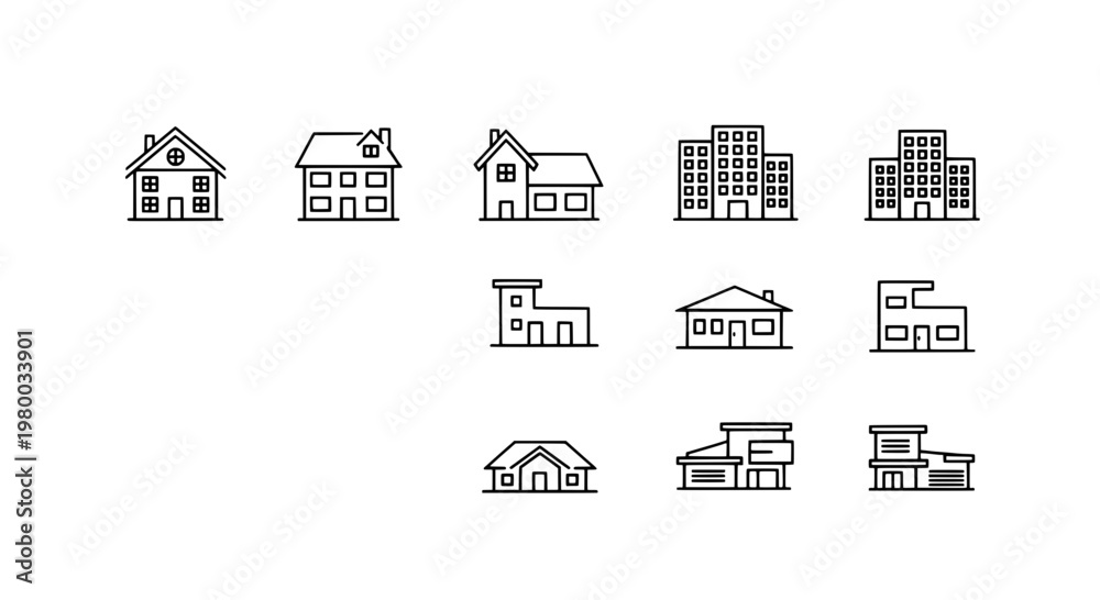 Fototapeta premium Buildings line icon set with simple black and white architectural designs and modern skyscrapers featuring house, home, architecture with icons and