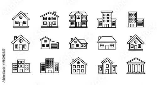 Building house and office line icons set with windows doors and rooftops for web UI interface design