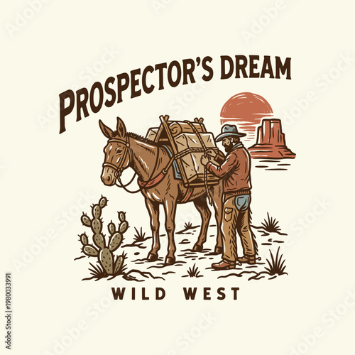 Vintage illustration of a prospector and his mule in the Wild West desert landscape.