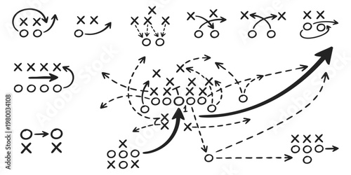 American football plays strategy diagram with X and O tactical movements on a white background vector illustration