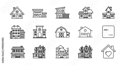 Houses line drawn set with various architectural styles and designs in black lines on white background