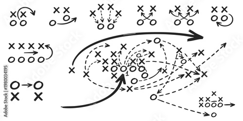 Hand drawn American football strategy plays and coaching tactics diagrams on white background vector illustration