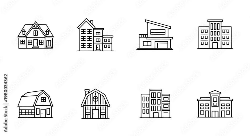 Obraz premium Buildings line drawn set with simple black outlines and windows, urban architecture icons featuring house, city, town with illustrations and