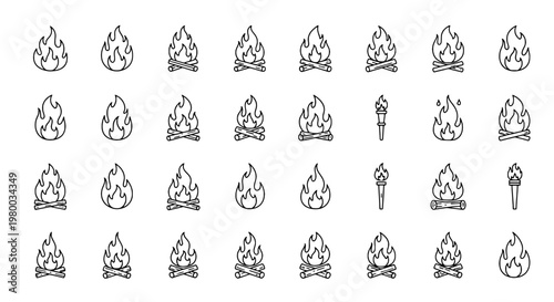 Fire flame icon set with hand-drawn doodle style flames and simple matchstick torch symbols for stickers and icons