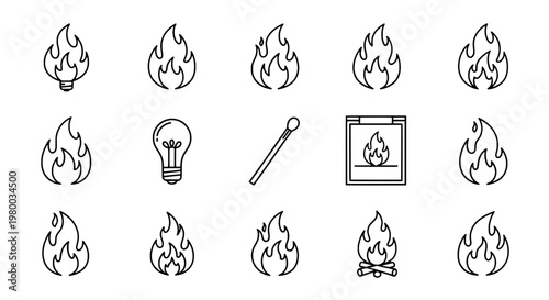 Flame fire icon set with outlined doodle style, small flame glyphs for energy, safety, and ignite graphics