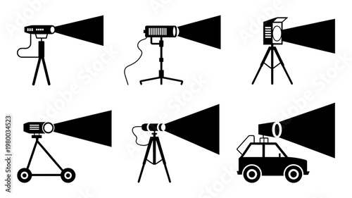 Professional film and photography lighting equipment icons set for studio production.