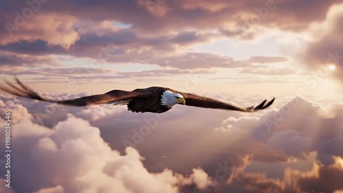 Majestic Bald Eagle Soaring Through Dramatic Sunset Clouds Over Mountain Peaks Golden Hour Light