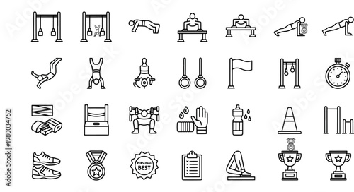 Gymnastics and Calisthenics Bodyweight Fitness Training Line Icon Set