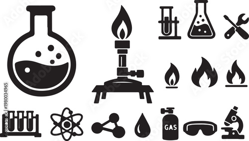 Bunsen burner lab equipment set silhouette vector with fire and science icons illustration