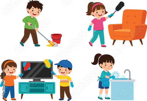 Kids cleaning activities set with mopping floor, dusting furniture, washing dishes and cleaning TV vector illustration for hygiene and household chores design