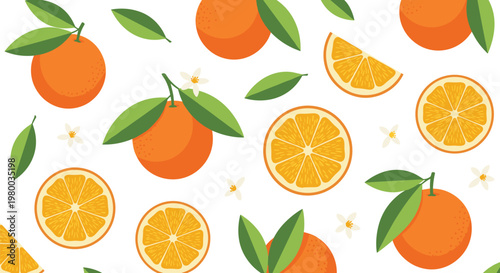 Seamless orange fruit pattern with slices, leaves and blossoms vector illustration for fresh citrus background, summer design and textile print