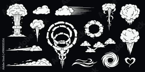 Set of comic book explosion and smoke cloud elements for action dynamic motion vector illustration