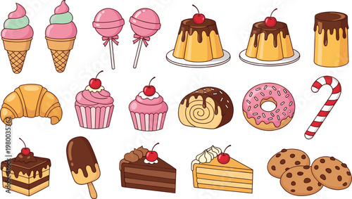 Cute sweet desserts collection with ice cream, cupcakes, donuts, cakes, cookies and candy vector illustration for bakery menu and kids design