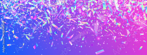 Hologram Confetti For Carnival. Crystal And Disco Flares On A Rainbow Birthday Bg. Iridescent Diamond Overlay With A Neon Glow And Sparkle. Purple And Pink Hologram Confetti