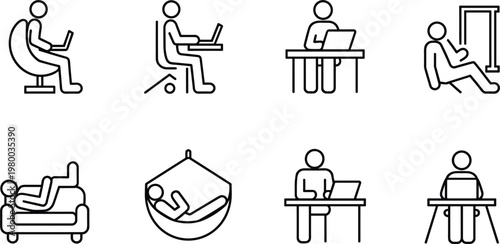 Ergonomic sitting posture icons showing correct and incorrect laptop working positions