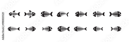 Set of twelve fish skeletons on white background, cartoon style, vector illustration