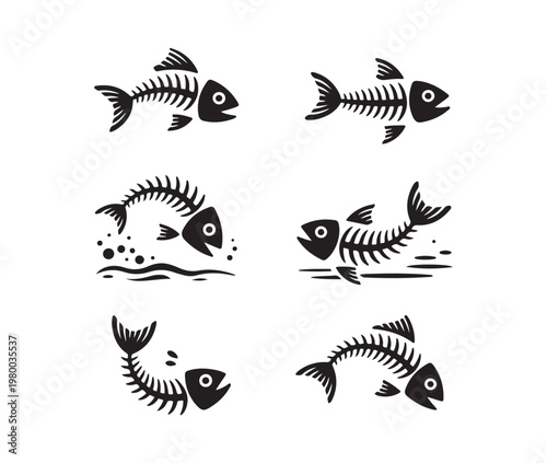 Six fish skeletons in dynamic poses, water elements, cartoon style, vector graphics