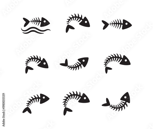 Nine fish skeletons in various poses, water and abstract elements, vector art