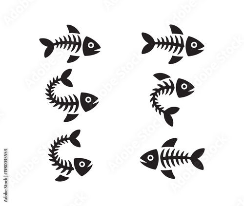 Six fish skeletons, some curved, some straight, cartoon style, vector graphics