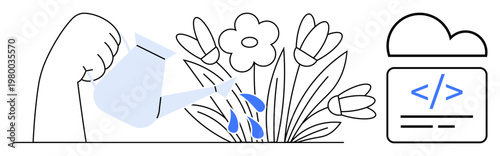 Growth, innovation, technology, sustainability, nature, development. A hand waters flowers near a tech icon. Growth and innovation idea through nurturing and technological elements