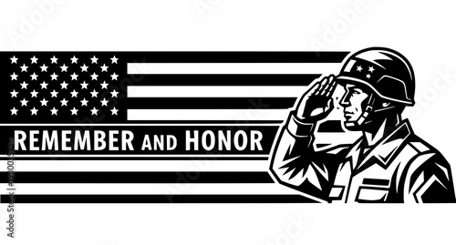 A black and white illustration of a soldier saluting in front of an American flag