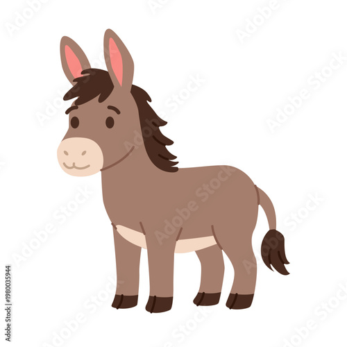 Cute Donkey Standing on White Background. Domestic Farm Animal for Kids. Flat Vector Illustration.